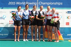 Eve Macfarlane (b), Zoe Stevenson (s), New Zealand, Gold, Aikaterini Nikolaidou (b), Sofia Asoumanaki (s), Greece, Silver, Julia Lier (b), Mareike Adams (s), Germany, Bronze, Women's Double Sculls, 2015 World Rowing Championships, Aiguebelette, France