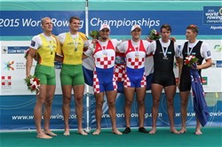 Martin Sinkovic (b), Valent Sinkovic (s), Croatia, Gold, Rolandas Mascinskas (b), Saulius Ritter (s), Lithuania, Silver, Robert Manson (b), Chris Harris (s), New Zealand, Bronze, Men's Double Sculls, 2015 World Rowing Championships, Aiguebelette, France