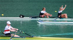 Eve Macfarlane (b), Zoe Stevenson (s), New Zealand, Women's Double Sculls, Gold, 2015 World Rowing Championships, Aiguebelette, France