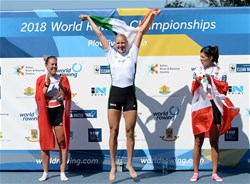 Sanita Puspure, Ireland, gold, Jeannine Gmelin, Switzerland, silver, Magdalena Lobnig, Austria, bronze , Women's Single Sculls, 2018 World Rowing Championships, Plovdiv, Bulgaria