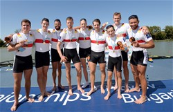 Johannes Weissenfeld (b), Felix Wimberger, Maximilian Planer, Torben Johannesen, Jakob Schneider, Malte Jakschik, Richard Schmidt, Hannes Ocik (s), Martin Sauer (c), Germany, gold, Men's Eight, 2018 World Rowing Championships, Plovdiv, Bulgaria