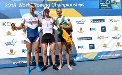 Kjetil Borch, Norway, gold, Ondrej Synek, Czech Republic, silver, Mindaugas Griskonis, Lithuania, bronze, Men's Single Sculls, 2018 World Rowing Championships, Plovdiv, Bulgaria