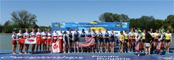 Kristine O'Brien (b), Felice Mueller, Victoria Opitz, Gia Doonan, Dana Moffat, Tracy Eisser, Emily Regan, Olivia Coffey (s), Katelin Guregian (c), United States of America, gold, Lisa Roman (b), Sydney Payne, Christine Roper, Stephanie Grauer, Madison Mailey, Susanne Grainger, Jennifer Martins, Rebecca Zimmerman (s), Kristen Kit (c), Canada, silver, Leah Saunders (b), Georgina Gotch, Rosemary Popa, Georgina Rowe, Annabelle Mcintyre, Ciona Wilson, Jacinta Edmunds, Emma Fessey (s), James Rook (c), Australia, bronze, Women's Eight, 2018 World Rowing Championships, Plovdiv, Bulgaria