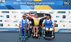 Erik Horrie, Australia, gold, Roman Polianskyi, Ukraine, silver, Alexey Chuvashev, Russia, bronze, PR1 Mens Single Sculls, 2018 World Rowing Championships, Plovdiv, Bulgaria