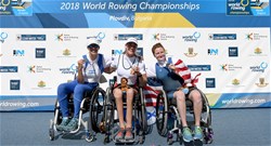Birgit Skarstein, Norway, gold, Moran Samuel, Israel, silver, Hallie Smith, United States of America, bronze, PR1 Womens Single Sculls, 2018 World Rowing Championships, Plovdiv, Bulgaria