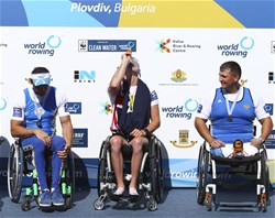 Erik Horrie, Australia, gold, Roman Polianskyi, Ukraine, silver, Alexey Chuvashev, Russia, bronze, PR1 Mens Single Sculls, 2018 World Rowing Championships, Plovdiv, Bulgaria