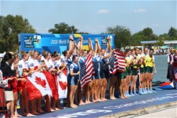 Kristine O'Brien (b), Felice Mueller, Victoria Opitz, Gia Doonan, Dana Moffat, Tracy Eisser, Emily Regan, Olivia Coffey (s), Katelin Guregian (c), United States of America, gold, Lisa Roman (b), Sydney Payne, Christine Roper, Stephanie Grauer, Madison Mailey, Susanne Grainger, Jennifer Martins, Rebecca Zimmerman (s), Kristen Kit (c), Canada, silver, Leah Saunders (b), Georgina Gotch, Rosemary Popa, Georgina Rowe, Annabelle Mcintyre, Ciona Wilson, Jacinta Edmunds, Emma Fessey (s), James Rook (c), Australia, bronze, Women's Eight, 2018 World Rowing Championships, Plovdiv, Bulgaria