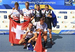 Hugo Boucheron (b), Matthieu Androdias (s), France, gold, Barnabe Delarze (b), Roman Roeoesli (s), Switzerland, silver, John Storey (b), Christopher Harris (s), New Zealand, bronze, Men's Double Sculls, 2018 World Rowing Championships, Plovdiv, Bulgaria