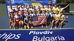 Kristine O'Brien (b), Felice Mueller, Victoria Opitz, Gia Doonan, Dana Moffat, Tracy Eisser, Emily Regan, Olivia Coffey (s), Katelin Guregian (c), United States of America, gold, Lisa Roman (b), Sydney Payne, Christine Roper, Stephanie Grauer, Madison Mailey, Susanne Grainger, Jennifer Martins, Rebecca Zimmerman (s), Kristen Kit (c), Canada, silver, Leah Saunders (b), Georgina Gotch, Rosemary Popa, Georgina Rowe, Annabelle Mcintyre, Ciona Wilson, Jacinta Edmunds, Emma Fessey (s), James Rook (c), Australia, bronze, Women's Eight, 2018 World Rowing Championships, Plovdiv, Bulgaria