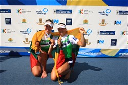Milda Valciukaite (b), Ieva Adomaviciute (s), Lithuania, gold, Women's Double Sculls, 2018 World Rowing Championships, Plovdiv, Bulgaria