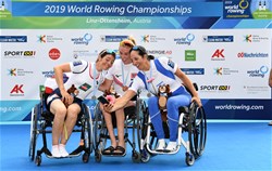 Birgit Skarstein, Norway, Gold, Nathalie Benoit, France, Silver, Moran Samuel, Israel, Bronze, PR1 Womens Single Sculls, 2019 World Rowing Championships, Linz Ottensheim, Austria