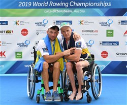 Roman Polianskyi, Ukraine, Gold, Alexey Chuvashev, Russian Federation, Silver, Erik Horrie, Australia, Bronze, PR1 Mens Single Sculls, 2019 World Rowing Championships, Linz Ottensheim, Austria