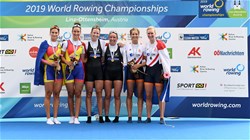 Brooke Donoghue (b), Olivia Loe (s), New Zealand, Gold, Nicoleta-Ancuta Bodnar (b), Simona Geanina Radis (s), Romania, Silver, Roos De Jong (b), Lisa Scheenaard (s), Netherlands, Bronze, Women's Double Sculls, 2019 World Rowing Championships, Linz Ottensheim, Austria