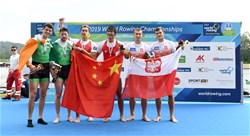 Zhiyu Liu (b), Liang Zhang (s), People's Republic of China, Gold, Philip Doyle (b), Ronan Byrne (s), Ireland, Silver, Miroslaw Zietarski (b), Mateusz Biskup (s), Poland, Bronze, Men's Double Sculls, 2019 World Rowing Championships, Linz Ottensheim, Austria
