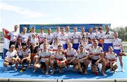 Johannes Weissenfeld (b), Laurits Follert, Christopher Reinhardt, Torben Johannesen, Jakob Schneider, Malte Jakschik, Richard Schmidt, Hannes Ocik (s), Martin Sauer (c), Germany, Gold, Bjorn Van Den Ende (b), Ruben Knab, Jasper Tissen, Simon Van Dorp, Maarten Hurkmans, Bram Schwarz, Mechiel Versluis, Robert Luecken (s), Aranka Kops (c), Netherlands, Silver, Thomas George (b), James Rudkin, Josh Bugajski, Mohamed Sbihi, Jacob Dawson, Oliver Wynne-Griffith, Matthew Tarrant, Thomas Ford (s), Henry Fieldman (c), Great Britain, Bronze Mens Eight, 2019 World Rowing Championships, Linz Ottensheim, Austria
