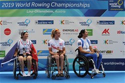 Birgit Skarstein, Norway, Gold, Nathalie Benoit, France, Silver, Moran Samuel, Israel, Bronze, PR1 Womens Single Sculls, 2019 World Rowing Championships, Linz Ottensheim, Austria