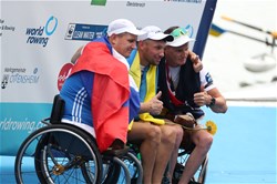 Roman Polianskyi, Ukraine, Gold, Alexey Chuvashev, Russian Federation, Silver, Erik Horrie, Australia, Bronze, PR1 Mens Single Sculls, 2019 World Rowing Championships, Linz Ottensheim, Austria