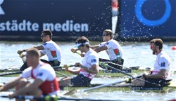 Adrian Juhasz (b), Bela Simon Jr (s), Hungary, Gold, the Netherlands, Men's Pair, 2016 European Rowing Championships, Brandenburg, Germany