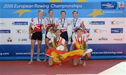 Sam Scrimgeour (b), Joel Cassells (s), Great Britain, Gold, Emil Espensen (b), Jens Vilhelmsen (s), Denmark, Silver, Sergio Perez Moreno (b), Jesus Gonzalez Alvarez (s), Spain, Bronze, Lightweight Men's Pair, 2016 European Rowing Championships, Brandenburg, Germany