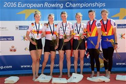 Helen Glover (b), Heather Stanning (s), Great Britain, Gold, Kerstin Hartmann (b), Kathrin Marchand (s), Germany, Silver, Madalina Beres (b), Laura Oprea (s), Romania, Bronze, Women's Pair, 2016 European Rowing Championships, Brandenburg, Germany