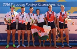 Adrian Juhasz (b), Bela Simon Jr (s), Hungary, Gold, Alan Sinclair (b), Stewart Innes (s), Great Britain, Silver, Roel Braas (b), Mitchel Steenman (s), Bronze, the Netherlands, Men's Pair, 2016 European Rowing Championships, Brandenburg, Germany