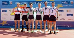 Gary O'Donovan (b), Paul O'Donovan (s), Ireland, Gold, Moritz Moos (b), Jason Osborne (s), Germany, Silver, Kristoffer Brun (b), Are Strandli (s), Norway, Bronze, Lightweight Men's Double Sculls, 2016 European Rowing Championships, Brandenburg, Germany