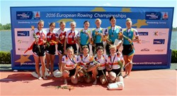 Annekatrin Thiele (b), Carina Baer, Marie-Catherine Arnold, Lisa Schmidla (s), Germany, Gold, Agnieszka Kobus (b), Joanna Leszczynska, Maria Springwald, Monika Ciaciuch (s), Poland, Silver, Daryna Verkhogliad (b), Olena Buryak, Anastasiia Kozhenkova, Ievgeniia Nimchenko (s), Ukraine, Bronze, Women's Quadruple Sculls, 2016 European Rowing Championships, Brandenburg, Germany