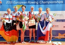 Yuliya Bichyk (b), Tatsiana Kukhta (s), Belarus, Gold, Julia Lier (b), Mareike Adams (s), Germany, Silver, Kristyna Fleissnerova (b), Lenka Antosova (s), Czech Republic, Bronze, Women's Double Sculls, 2016 European Rowing Championships, Brandenburg, Germany