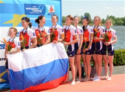 Julia Kalinovskaya (b), Yulia Inozemtseva, Julia Popova, Alevtina Savkina, Anastasia Karabelshchikova, Aleksandra Fedorova, Elena Lebedeva, Elena Oriabinskaia (s), Ksenia Volkova (c), Russia, Bronze, Womens Eight, 2016 European Rowing Championships, Brandenburg, Germany