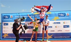 Damir Martin, Croatia, Gold, Mindaugas Griskonis, Lithuania, Silver, Ondrej Synek, Czech Republic, Bronze, Men's Single Sculls, 2016 European Rowing Championships, Brandenburg, Germany