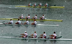Finish of the men's four Final B at the 2007 World Rowing Championships in Munich, Germany.