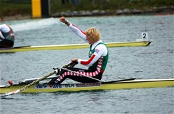 Ekaterina Karsten-Khodotovitch from Belarus celebrates her victory in the women's single sculls at the 2007 World Rowing Championships in Munich, Germany.