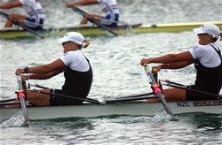 Georgina (b) and Caroline (s) Evers-Swindell from New Zealand during the Final A of the women's double sculls at the 2007 World Rowing Championships in Munich, Germany.
