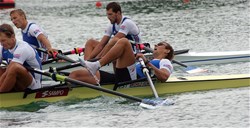 Tonu Endrekson from Estonia lying in his boat after finishing third in the Final A of the men's double sculls at the 2007 World Rowing Championships in Munich, Germany.