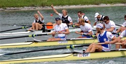 Finish of the men's four Final A: New Zeland celebrate their victory while Great Britain look dissapointed finishing fourth.