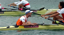 Peter Wiersum from the Netherlands shouting during the finish of the lightweight men's eight at the 2007 World Rowing Championships in Munich, Germany.