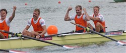 The Dutch lightweight men's eight celebrate winning gold at the 2007 World Rowing Championships in Munich, Germany.