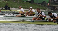 Finish of the men's pair: Australia win in front of New Zealand at the 2007 World Rowing Championships in Munich, Germany.