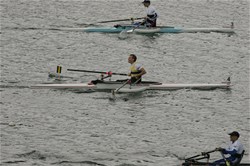 Finish of the arms men's single sculls Final A: Tom Aggar (top) from Great Britain wins in front of Dominic Monypeny (bottom) from Australia and Eli Nawi from Israel.
