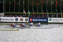 Finish of the men's double sculls Final A: Slovenia wins in front of France at the 2007 World Rowing Championships in Munich, Germany.