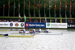 Finish of the men's double sculls Final A: Slovenia wins in front of France at the 2007 World Rowing Championships in Munich, Germany.
