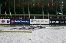 Finish of the men's double sculls Final A: Slovenia wins in front of France at the 2007 World Rowing Championships in Munich, Germany.