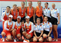 Podium of the Women's Four at the 2009 Rowing World Cup in Lucerne, Switzerland: Netherlands (c) win in front of China (l) and Germany.