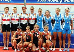 Podium of the Lightweight Women's Quadruple Sculls at the 2009 Rowing World Cup in Lucerne, Switzerland: Germany (l) won in front of Poland and Italy (r).
