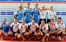 Podium of the Lightweight Men's Quadruple Sculls at the 2009 Rowing World Cup in Lucerne, Switzerland: Italy (l) won in front of France and Germany (r).