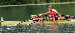 The Polish Women's Double Sculls with Magdalena Fularczyk (b) and Julia Michalska (s) celebrate their second place at the 2009 Rowing World Cup in Lucerne, Switzerland. MyRowingphoto.com