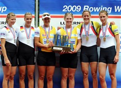 Podium of the Women's Pair at the 2009 Rowing World Cup in Lucerne, Switzerland: New Zealand (c, gold) with Emma-Jane Feathery (l) and Rebecca Scown  win in front of Germany (l) and Great Britain. MyRowingphoto.com