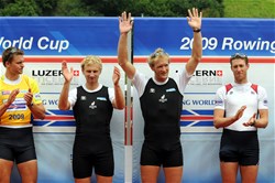 Eric Murray (l) and Hamish Bond celebrate their victory in the Men's Pairs at the 2009 Rowing World Cup in Lucerne, Switzerland. MyRowingphoto.com