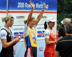 Podium of the Women's Single Sculls at the 2009 Rowing World Cup in Lucerne, Switzerland: Emma Twigg (l, silver), Mirka Knapkova (gold) and Xiuyun Zhang (bronze). MyRowingphoto.com