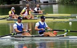The Greek Men's Pairs with Apostolos Gkountoulas (b) and Nikolaos Gkountoulas (s) competing in the Final A at the 2009 Rowing World Cup in Lucerne, Switzerland. MyRowingphoto.com